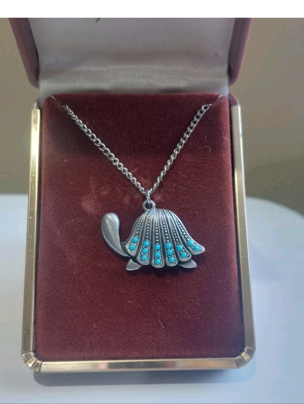Turquoise Accent Turtle Pendant Necklace - Silver Tone Pewter